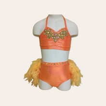 Load image into Gallery viewer, Custom Dance costume, dance competition costume, handmade dance costume, orange two piece costume with feathers
