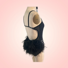 Load image into Gallery viewer, Custom Dance costume, dance competition, black velvet with silver glitter, ombre fringe, feathers