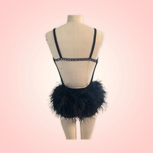 Load image into Gallery viewer, Custom Dance costume, dance competition, black velvet with silver glitter, ombre fringe, feathers