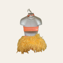 Load image into Gallery viewer, Custom Dance costume, dance competition costume, handmade dance costume, orange two piece costume with feathers