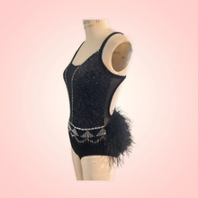 Load image into Gallery viewer, Custom Dance costume, dance competition, black velvet with silver glitter, ombre fringe, feathers
