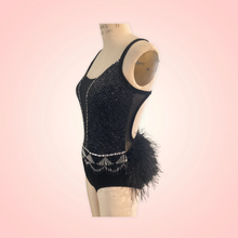 Load image into Gallery viewer, Custom Dance costume, dance competition, black velvet with silver glitter, ombre fringe, feathers