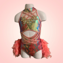 Load image into Gallery viewer, Custom Dance costume, dance competition costume, handmade dance costume, coral and holographic green snake print with feathers made to order
