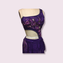 Load image into Gallery viewer, Competitive Costume made to order Purple Dance Costume with Applique and Crystals asymmetrical top attached to skirt and dance panty