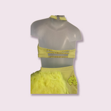 Load image into Gallery viewer, Custom Dance costume, dance competition costume, handmade dance costume, neon yellow 2 piece costume with feathers made to order