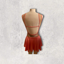 Load image into Gallery viewer, Competitive Dance costume, leotard, bodysuit, coral color with 3d flower applique, back skirt mesh cutouts and crystals