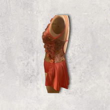 Load image into Gallery viewer, Competitive Dance costume, leotard, bodysuit, coral color with 3d flower applique, back skirt mesh cutouts and crystals