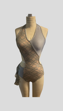 Load image into Gallery viewer, Custom Dance costume, dance competition costume, handmade dance costume, gray metallic lace and gray tricot spandex