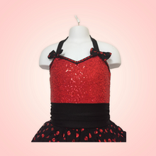 Load image into Gallery viewer, Custom Dance costume, dance competition costume, handmade dance costume, red and black costume with feathers