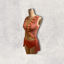 Load image into Gallery viewer, Competitive Dance costume, leotard, bodysuit, coral color with 3d flower applique, back skirt mesh cutouts and crystals