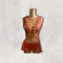 Load image into Gallery viewer, Competitive Dance costume, leotard, bodysuit, coral color with 3d flower applique, back skirt mesh cutouts and crystals