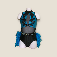 Load image into Gallery viewer, Custom Dance costume, dance competition costume, handmade dance costume, turquoise and black one piece costume with feathers made to order