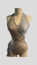 Load image into Gallery viewer, Custom Dance costume, dance competition costume, handmade dance costume, gray metallic lace and gray tricot spandex