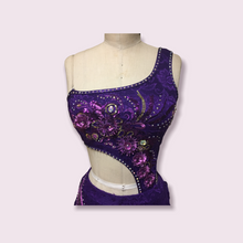 Load image into Gallery viewer, Competitive Costume made to order Purple Dance Costume with Applique and Crystals asymmetrical top attached to skirt and dance panty