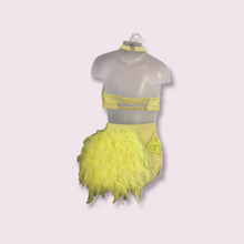 Load image into Gallery viewer, Custom Dance costume, dance competition costume, handmade dance costume, neon yellow 2 piece costume with feathers made to order