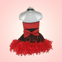 Load image into Gallery viewer, Custom Dance costume, dance competition costume, handmade dance costume, red and black costume with feathers