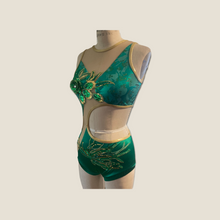 Load image into Gallery viewer, Competitive Dance costume, leotard, bodysuit, emerald green with applique, mesh cutouts and crystals