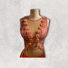 Load image into Gallery viewer, Competitive Dance costume, leotard, bodysuit, coral color with 3d flower applique, back skirt mesh cutouts and crystals