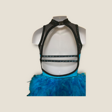 Load image into Gallery viewer, Custom Dance costume, dance competition costume, handmade dance costume, turquoise and black one piece costume with feathers made to order