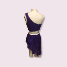 Load image into Gallery viewer, Competitive Costume made to order Purple Dance Costume with Applique and Crystals asymmetrical top attached to skirt and dance panty