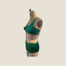 Load image into Gallery viewer, Competitive Dance costume, leotard, bodysuit, emerald green with applique, mesh cutouts and crystals