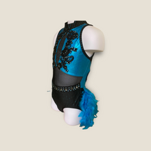 Load image into Gallery viewer, Custom Dance costume, dance competition costume, handmade dance costume, turquoise and black one piece costume with feathers made to order