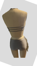 Load image into Gallery viewer, Custom Dance costume, dance competition costume, handmade dance costume, gray metallic lace and gray tricot spandex