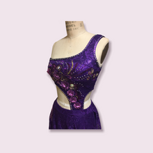 Load image into Gallery viewer, Competitive Costume made to order Purple Dance Costume with Applique and Crystals asymmetrical top attached to skirt and dance panty