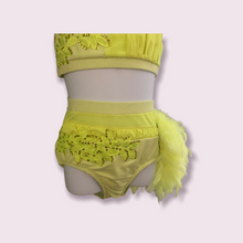 Load image into Gallery viewer, Custom Dance costume, dance competition costume, handmade dance costume, neon yellow 2 piece costume with feathers made to order