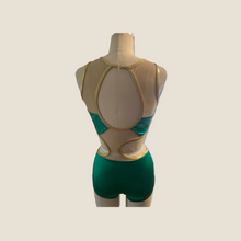 Load image into Gallery viewer, Competitive Dance costume, leotard, bodysuit, emerald green with applique, mesh cutouts and crystals