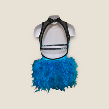 Load image into Gallery viewer, Custom Dance costume, dance competition costume, handmade dance costume, turquoise and black one piece costume with feathers made to order