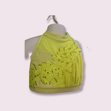 Load image into Gallery viewer, Custom Dance costume, dance competition costume, handmade dance costume, neon yellow 2 piece costume with feathers made to order