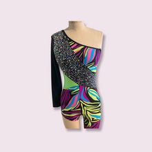 Load image into Gallery viewer, Custom Dance costume, dance competition costume, handmade dance costume, asymmetrical unitard, catsuit in a multicolor print with contrast