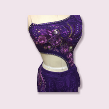 Load image into Gallery viewer, Competitive Costume made to order Purple Dance Costume with Applique and Crystals asymmetrical top attached to skirt and dance panty