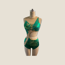 Load image into Gallery viewer, Competitive Dance costume, leotard, bodysuit, emerald green with applique, mesh cutouts and crystals