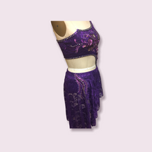 Load image into Gallery viewer, Competitive Costume made to order Purple Dance Costume with Applique and Crystals asymmetrical top attached to skirt and dance panty