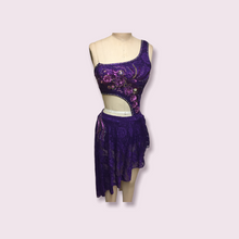 Load image into Gallery viewer, Competitive Costume made to order Purple Dance Costume with Applique and Crystals asymmetrical top attached to skirt and dance panty