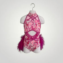 Load image into Gallery viewer, Hearts Print Dance Costume: Feathered Bustle, Crystals, Size 10
