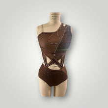 Load image into Gallery viewer, Asymmetrical neckline top and panty attached in the front with mesh cutouts, with crystals, ready to ship
