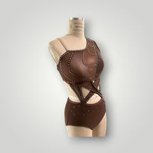 Load image into Gallery viewer, Asymmetrical neckline top and panty attached in the front with mesh cutouts, with crystals, ready to ship
