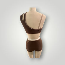 Load image into Gallery viewer, Asymmetrical neckline top and panty attached in the front with mesh cutouts, with crystals, ready to ship
