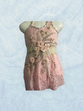 Load image into Gallery viewer, Dance costume, Light Pink Lace with crystals and asymmetrical skirt, size 7, ready to ship
