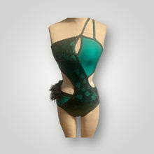 Load image into Gallery viewer, Custom Dance costume, competition, Dance costume, emerald and black sequin lace, emerald tricot jersey black ostrich feathers
