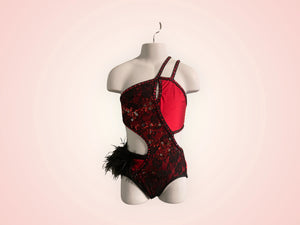 Custom Dance costume, competition, Dance costume, red and black sequin lace, red tricot jersey black ostrich feathers