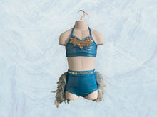 Load image into Gallery viewer, Custom Dance costume, dance competition costume, handmade dance costume, blue two-piece costume with feathers
