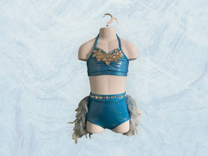 Custom Dance costume, dance competition costume, handmade dance costume, blue two-piece costume with feathers