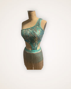 Competitive Costume Mint Green Dance Costume with asymmetrical sequin top attached to panty, silver fringe and crystals.