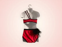 Load image into Gallery viewer, Custom Dance costume, competition, Dance costume, red and black sequin lace, red tricot jersey black ostrich feathers
