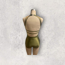 Load image into Gallery viewer, Competitive Dance costume, leotard, bodysuit, olive green with gold applique and crystals
