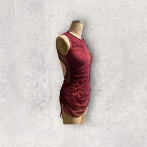 Custom Dance costume, dance competition, burgundy gathered mesh over burgundy spandex dress with appliques and crystals